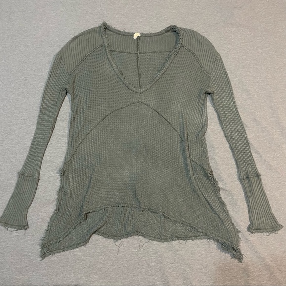 Free People Sunset Park Drippy Thermal Green S/M Oversized Waffle Knit Top - Picture 3 of 9